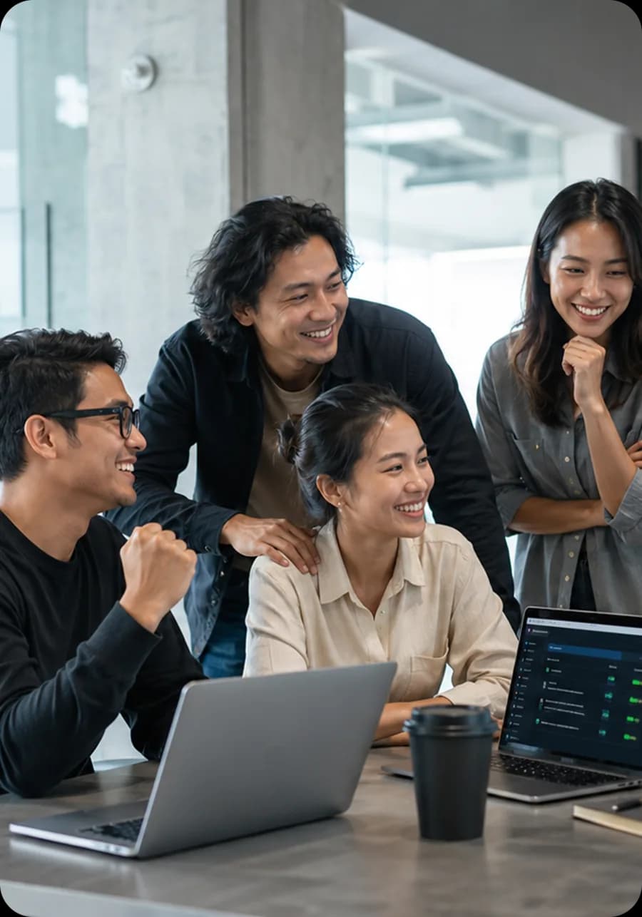Mooselab teammates smiling around a laptop while walking through work together