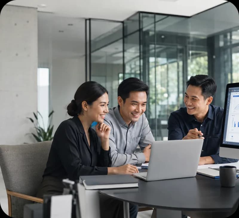 Three Mooselab colleagues discussing a project in a glass-walled meeting room