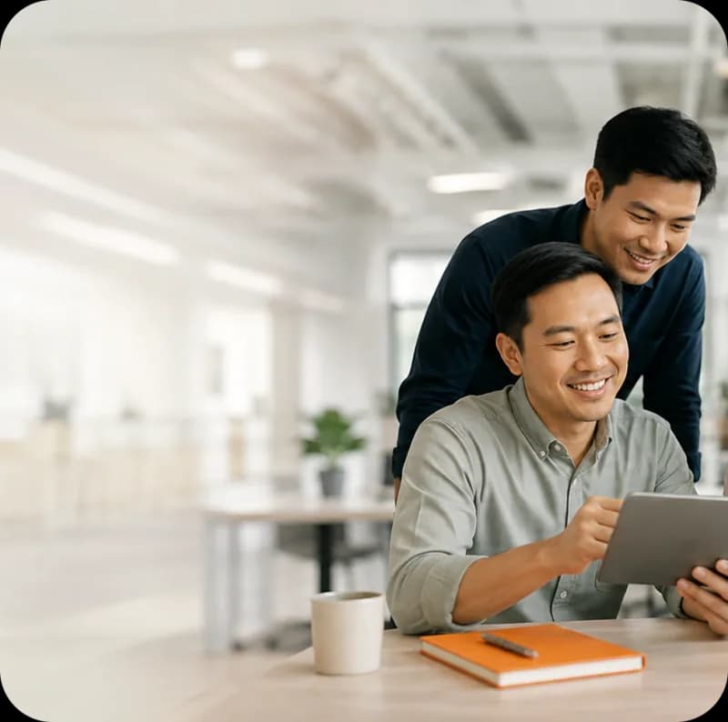 A senior Mooselab engineer reviewing work on a tablet with a teammate at their desk