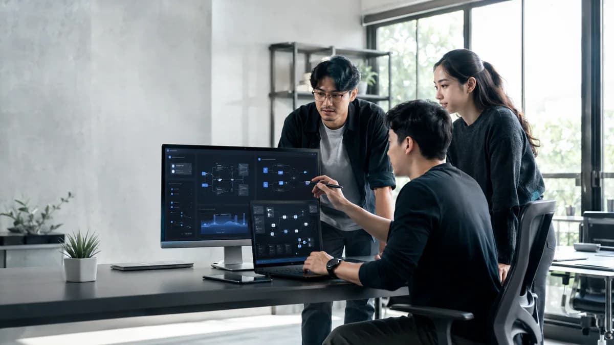 Three Mooselab engineers reviewing a custom application architecture on a desktop and laptop screen