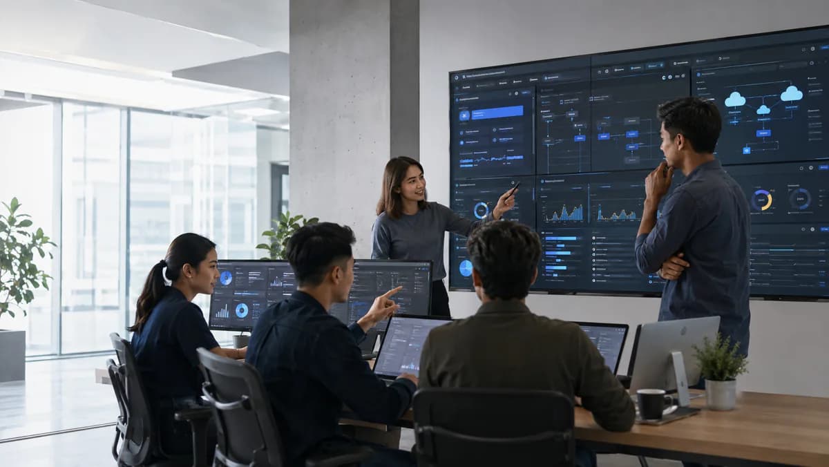 A dedicated Mooselab product team collaborating in a meeting room in front of a wall of project dashboards