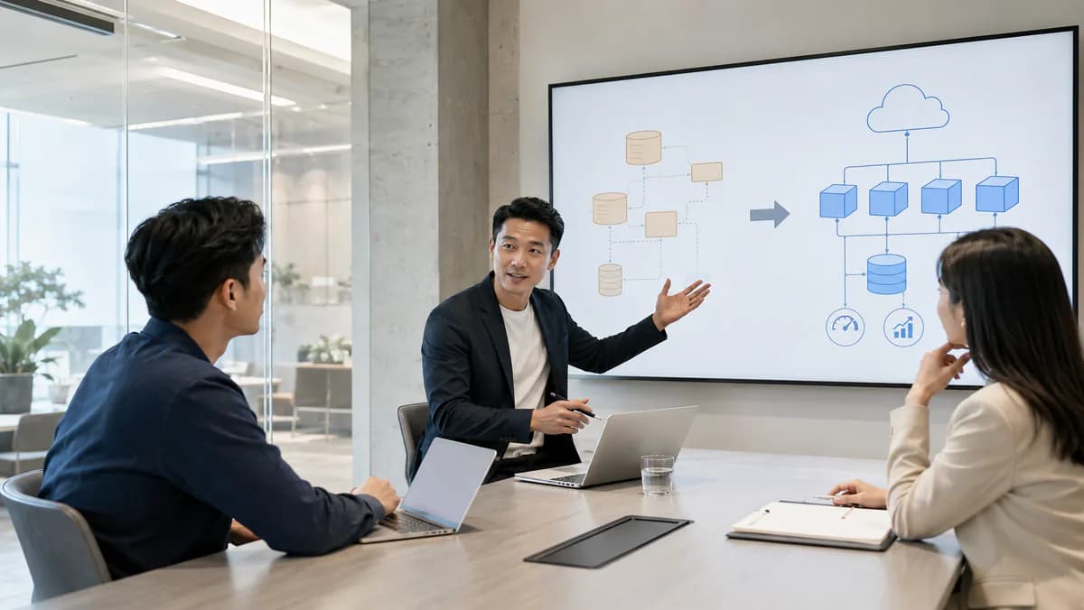 A Mooselab consultant presenting a legacy-to-cloud system migration diagram to two clients