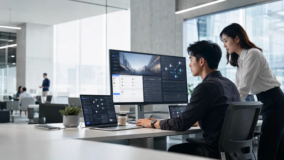 Two Mooselab specialists working on an intelligent business website dashboard in an open-plan office